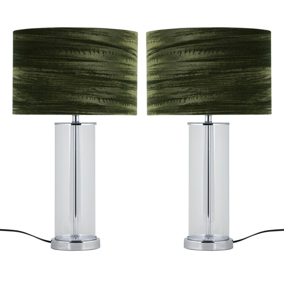 image 1 of Set of 2 Aura - Chrome Table Lamps with Green Crushed Velvet Shades Chrome | Green