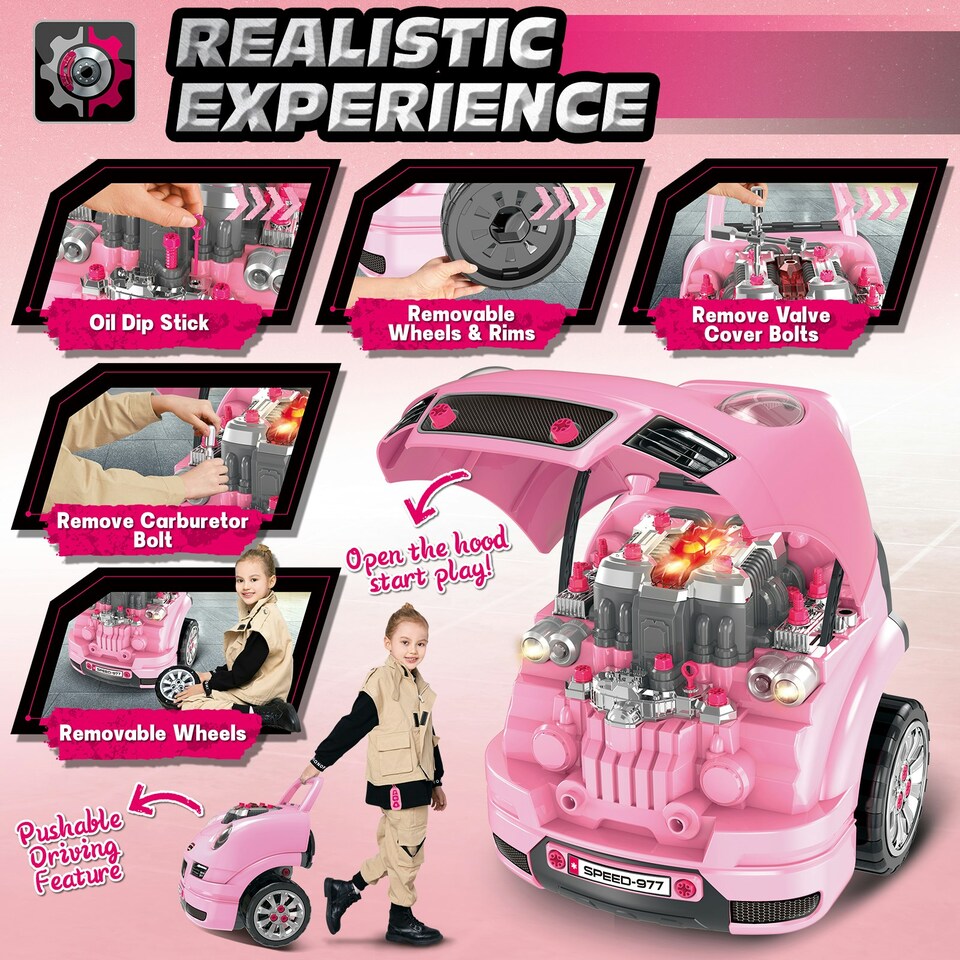 image 1 of Pink Take Apart Building Truck - Realistic Pretend Mechanic Toy for Kids