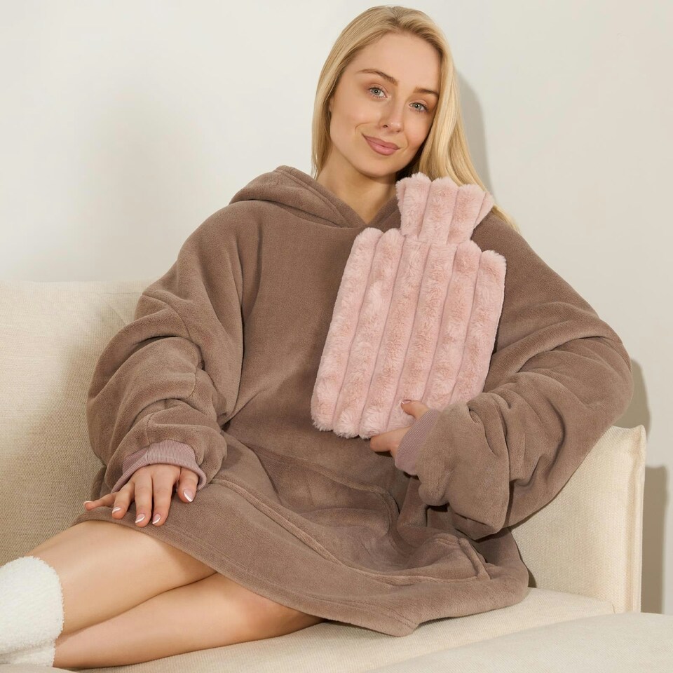 image 1 of OHS 2L Hot Water Bottle & Soft Plush Faux Fur Ribbed Cover - Blush Pink