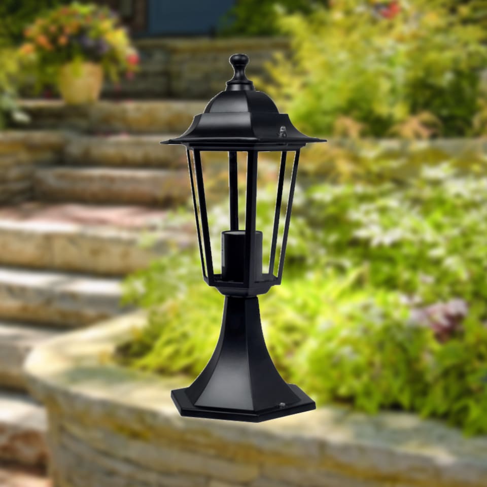 image 1 of Set of 4 Cumbria - Black Six Sided IP44 Outdoor 41cm Pedestal Lights