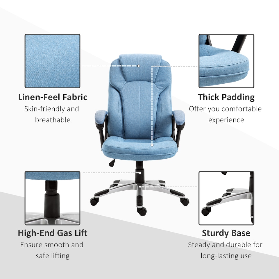 image 1 of Vinsetto Office Chair, Linen Fabric Desk Chair, Height Adjustable Computer Chair with Padded Armrests, Swivel Wheels and Tilt Function, Blue