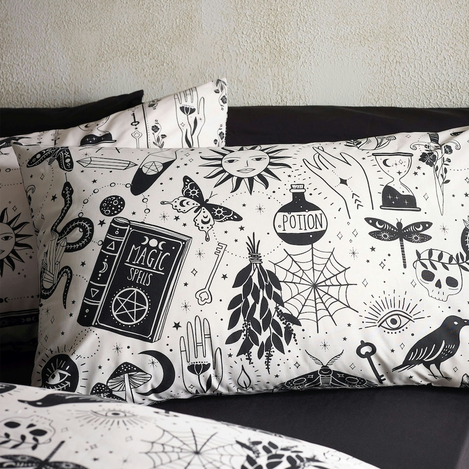 image 1 of Catherine Lansfield Enchanted Witchcraft Reversible Duvet Cover Set Black / Natural Black | Black / Natural | Double