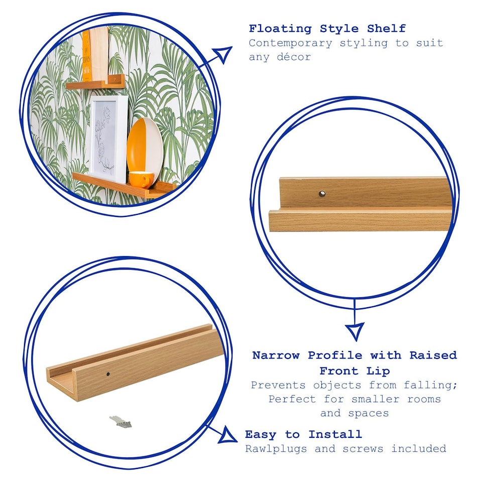 image 1 of Harbour Housewares Floating Picture Ledge Shelves - 57cm - Brown - Pack of 6