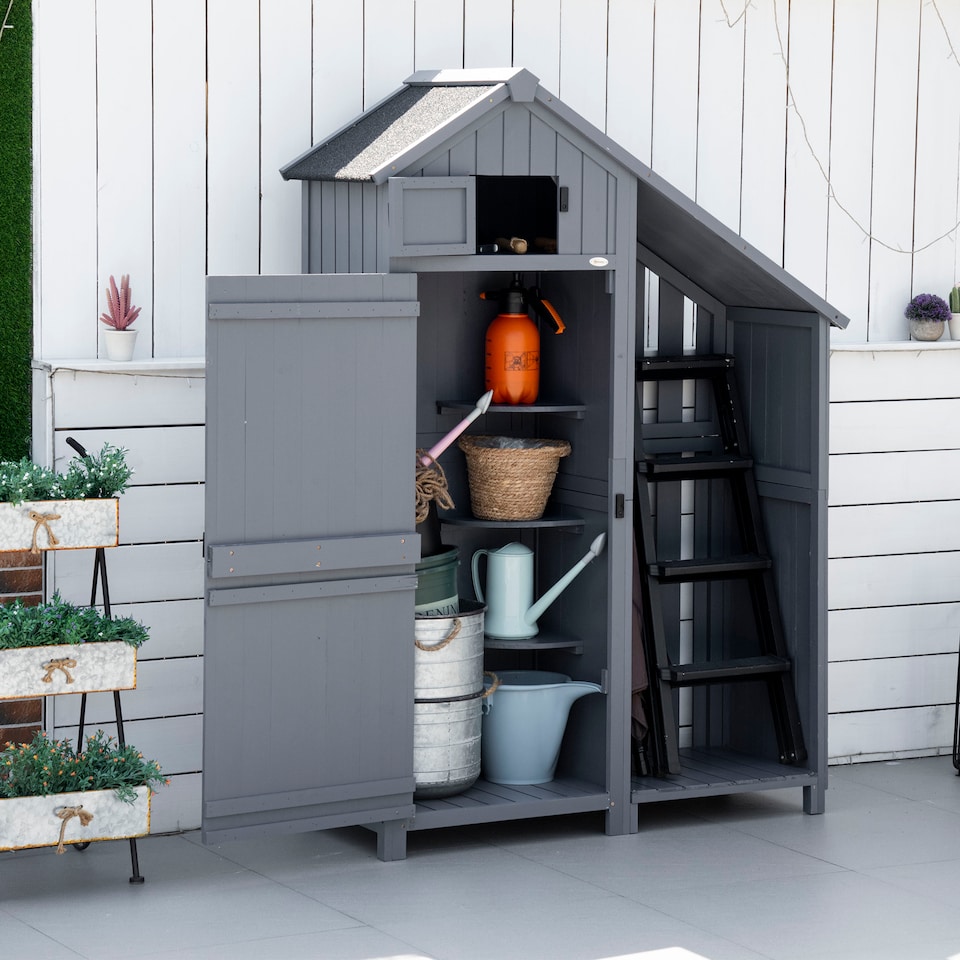 image 1 of Outsunny Wooden Garden Storage Shed with 3 Shelves, Outdoor Garden Tool Storage Cabinet with Tilt Roof, Firewood Rack Log Carrier, 129 x 51.5 x 180cm, Grey