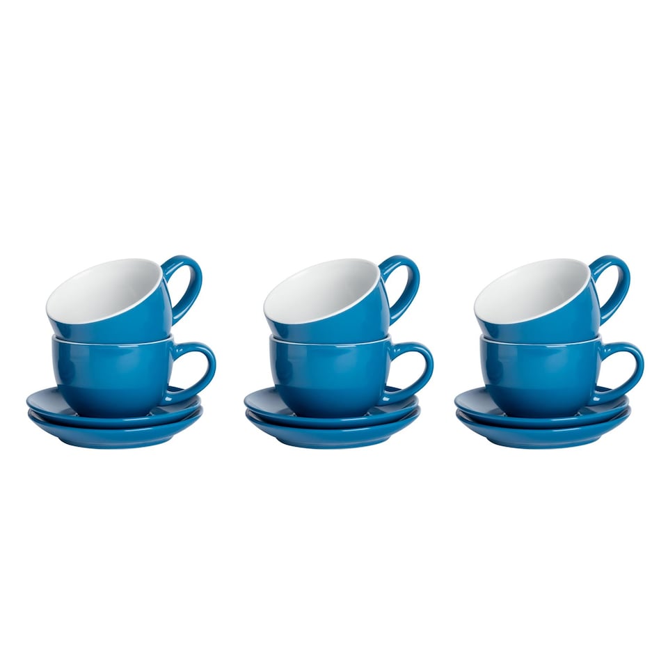 image 1 of Argon Tableware 12 Piece Coloured Cappuccino Cup & Saucer Set - 250ml - Blue