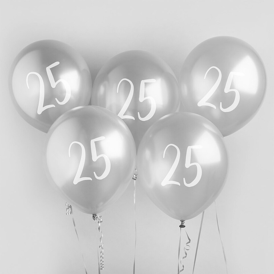 Silver Number '25' Latex 12" Balloons - Pack of 5