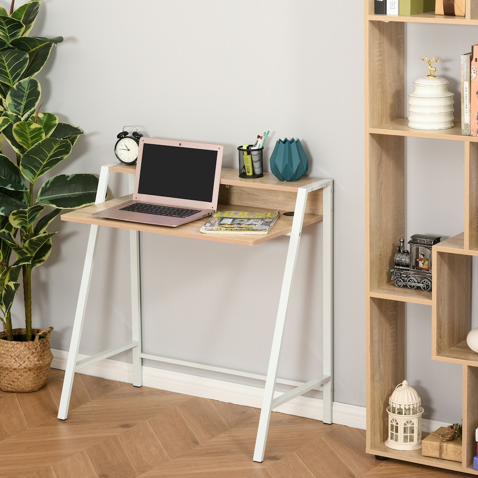 image 1 of HOMCOM 2-Tier Storage Computer Workstation with Shelf, Metal Frame White