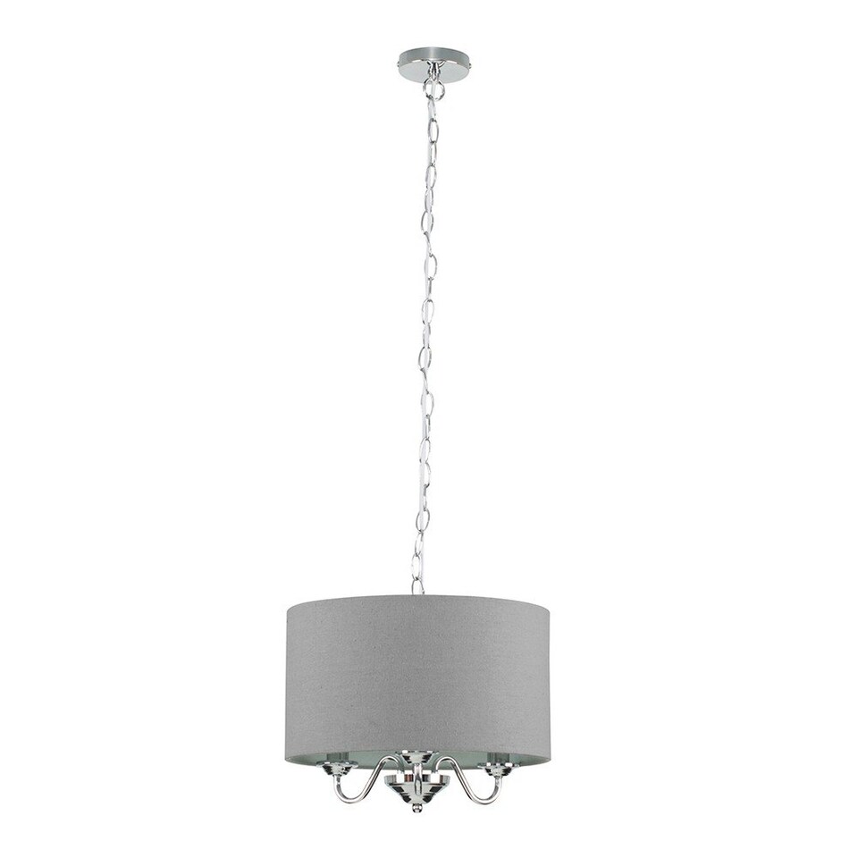 image 1 of ValueLights Modern Chrome 3 Way Curved Arm Grey Linen Slimline Drum Ceiling Light Pendant