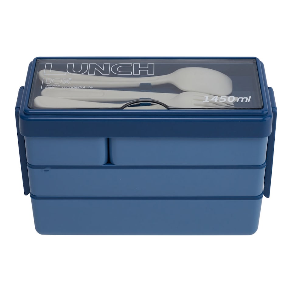 image 1 of Living and Home 3-Layer Bento-Style Plastic Lunch Box with Cutlery,Blue | Blue