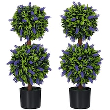 HOMCOM Set of 2 Potted Artificial Plants Ball Tree with Lavender Flowers, 70cm