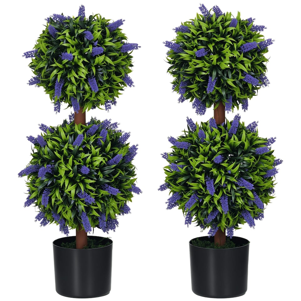 image 1 of HOMCOM Set of 2 Potted Artificial Plants Ball Tree with Lavender Flowers, 70cm