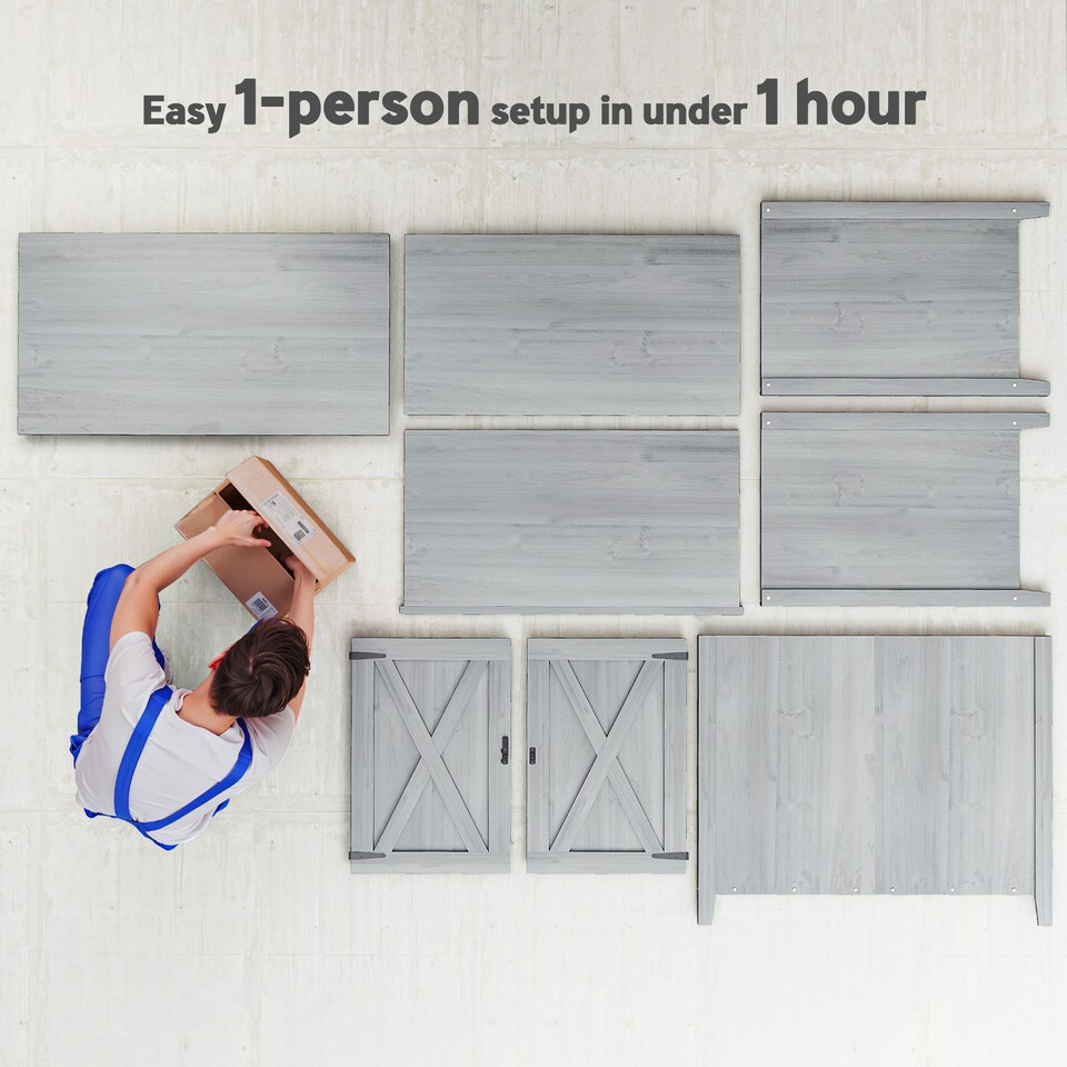 image 1 of Outsunny Wooden Garden Shed, Outdoor Fir Wood Storage Shed with Inner Shelf and 2 Doors, Compact Tool Cabinet Organiser, 110 x 60 x 88.5 cm, Light Grey