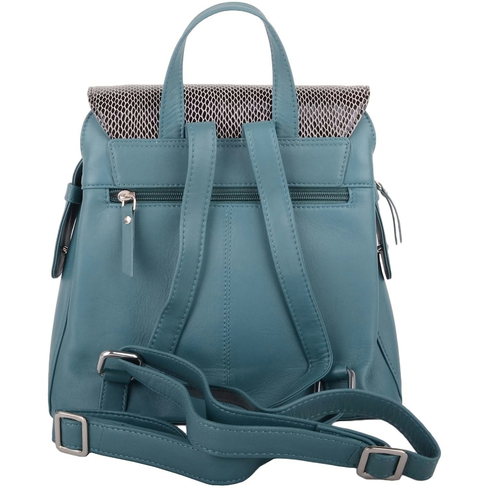 image 1 of Smooth Genuine Leather Backback Rucksack with Snakeskin Flap Panel Blue | Aqua/Ivory