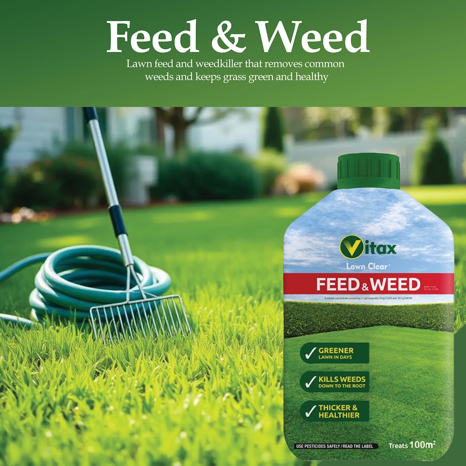 image 1 of Vitax Feed & Weed 500ml Lawn Fertiliser & Weed Control for Strong Healthy Lush Green Lawn with Dense Growth Covers 100 Square Metres