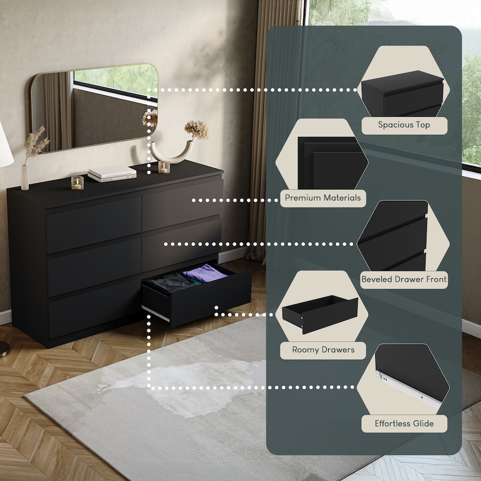 image 1 of Vida Designs Denver 6 Drawer Chest of Drawers Bedroom Storage, Black