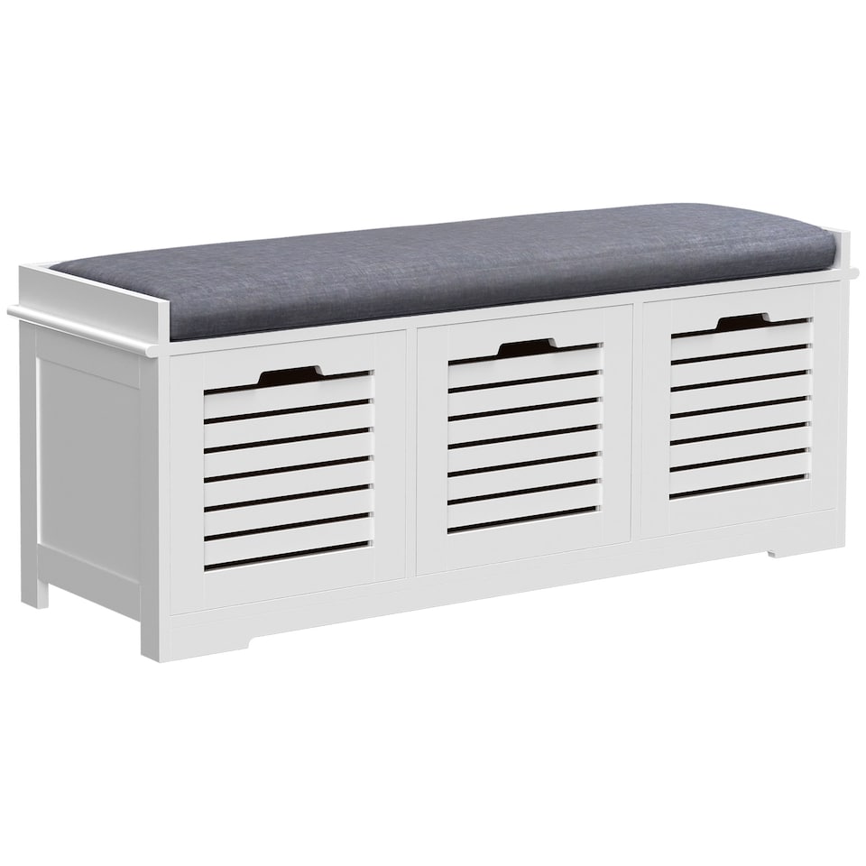 image 1 of HOMCOM Shoe Bench, Linen-look Shoe Storage Bench with 3 Drawers, Removable Seat Cushion and Slatted Doors for Hallway Entryway, White | White | White