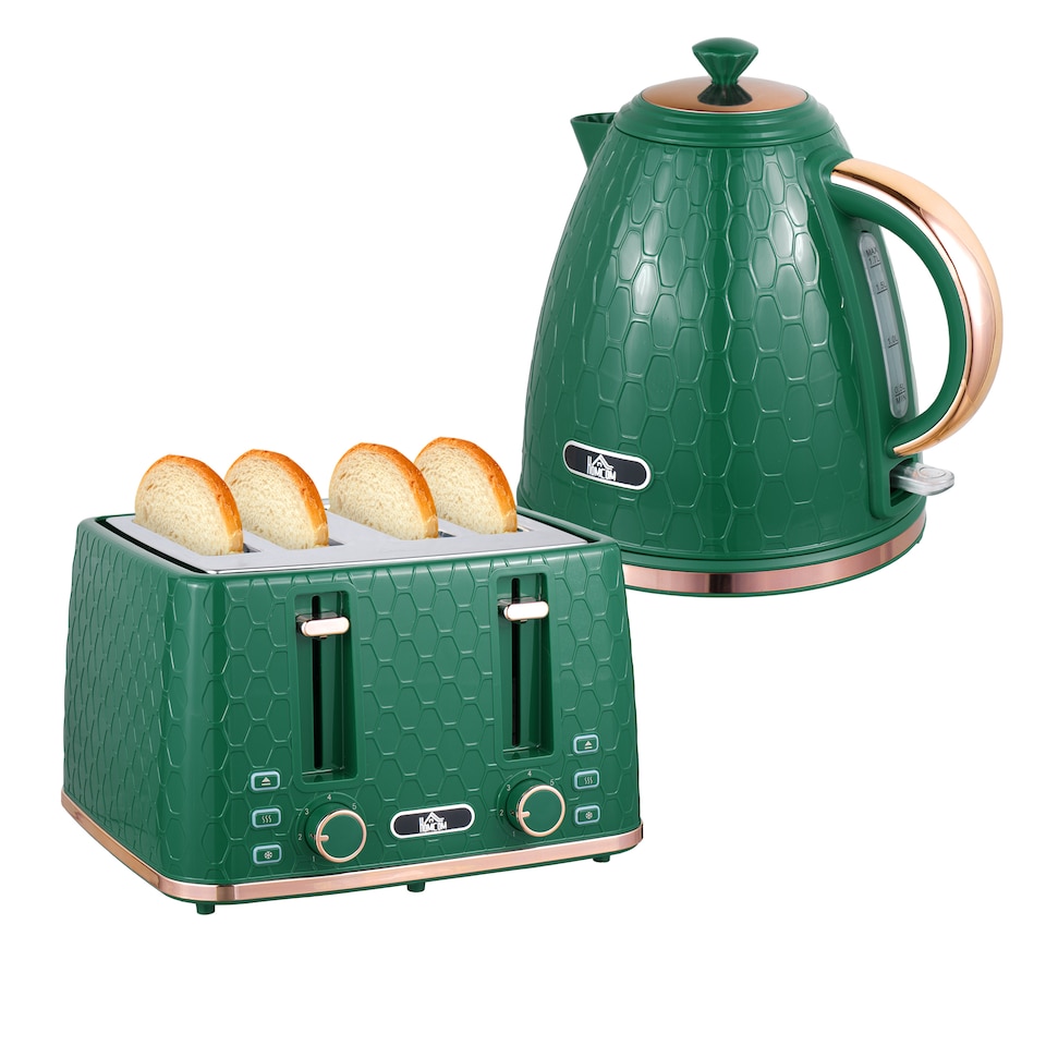 image 1 of HOMCOM Kettle and Toaster Set, 1.7L 3000W Fast Boil Jug Kettle with Auto Shut Off, 4 Slice Toaster with 7 Level Browning Controls & Crumb Tray, UK Otter Thermostat, Green