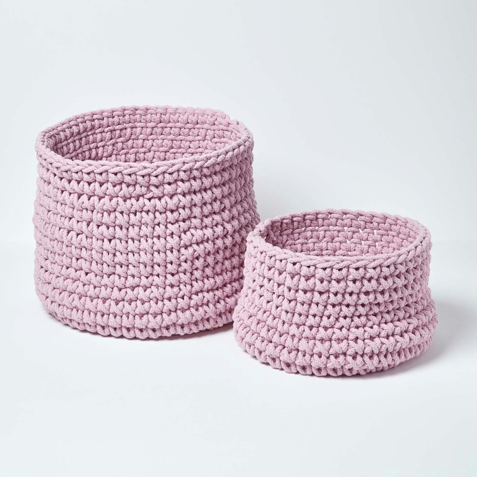 image 1 of Homescapes Pastel Pink Cotton Knitted Round Storage Basket - 37 x 21 cm Pink | M