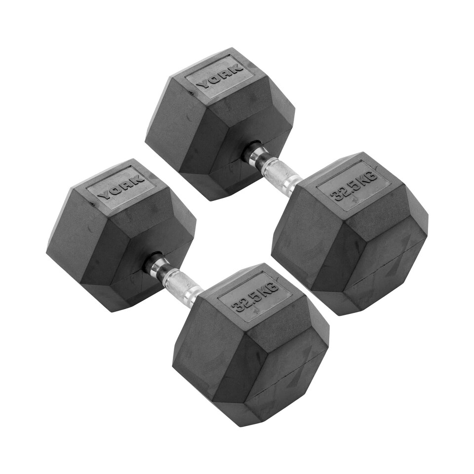 York 32.5kg Rubber Hex Dumbbell Pair, Commercial with Chrome Knurled Handles | Multi | Black/silver