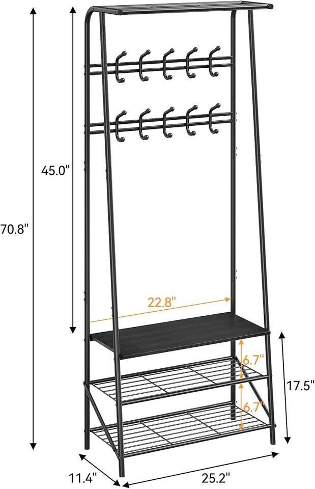 image 1 of London Boutique 4-in-1 Hall Tree with Bench and Shoe Rack, Double Coat Hooks, 60cm