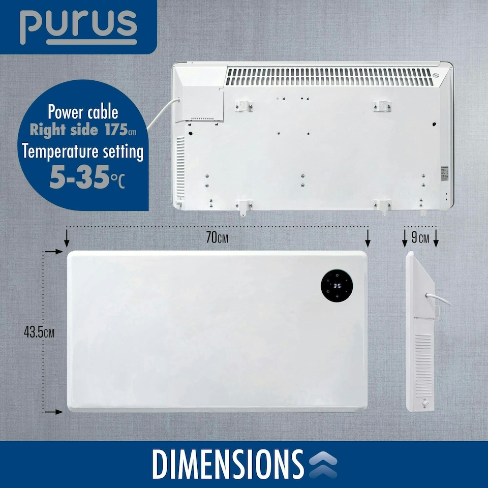 image 1 of Purus 1500W Smart Wifi Eco Heater Electric Panel Radiator Wall Mounted White