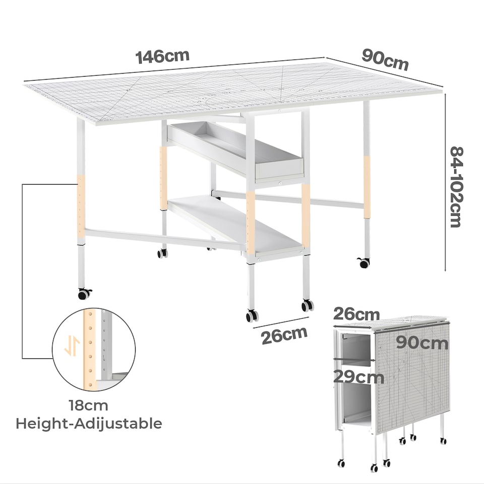 image 1 of Levede Sewing Table Foldable Craft With Grid Adjustable Height Storage Black