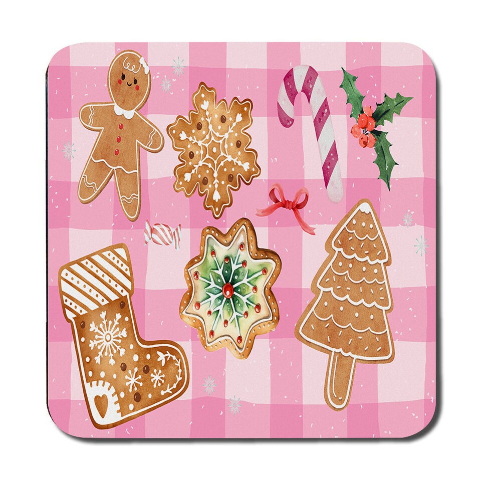 image 1 of Pink Christmas Placemat And Coaster Set With Gingerbread Cookies