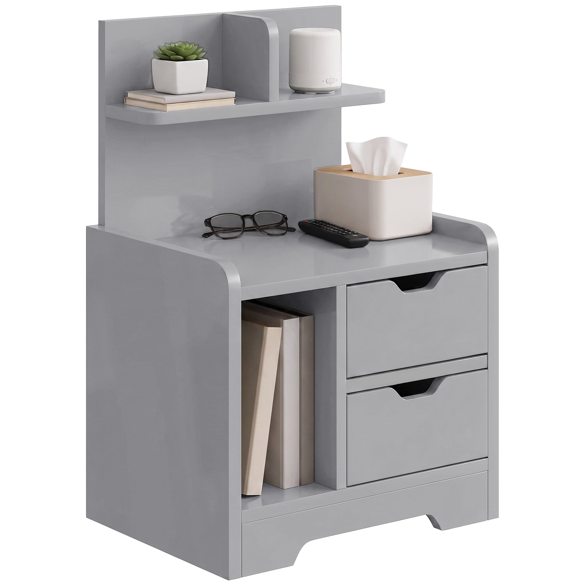 HOMCOM Modern Bedside Table with 2 Drawers and Open Shelves for Bedroom, Grey