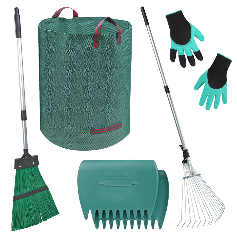 image 1 of 5-in-1 Garden Rake Set Adjustable Handle with 2 Large leaves Grabber Leaf Rake