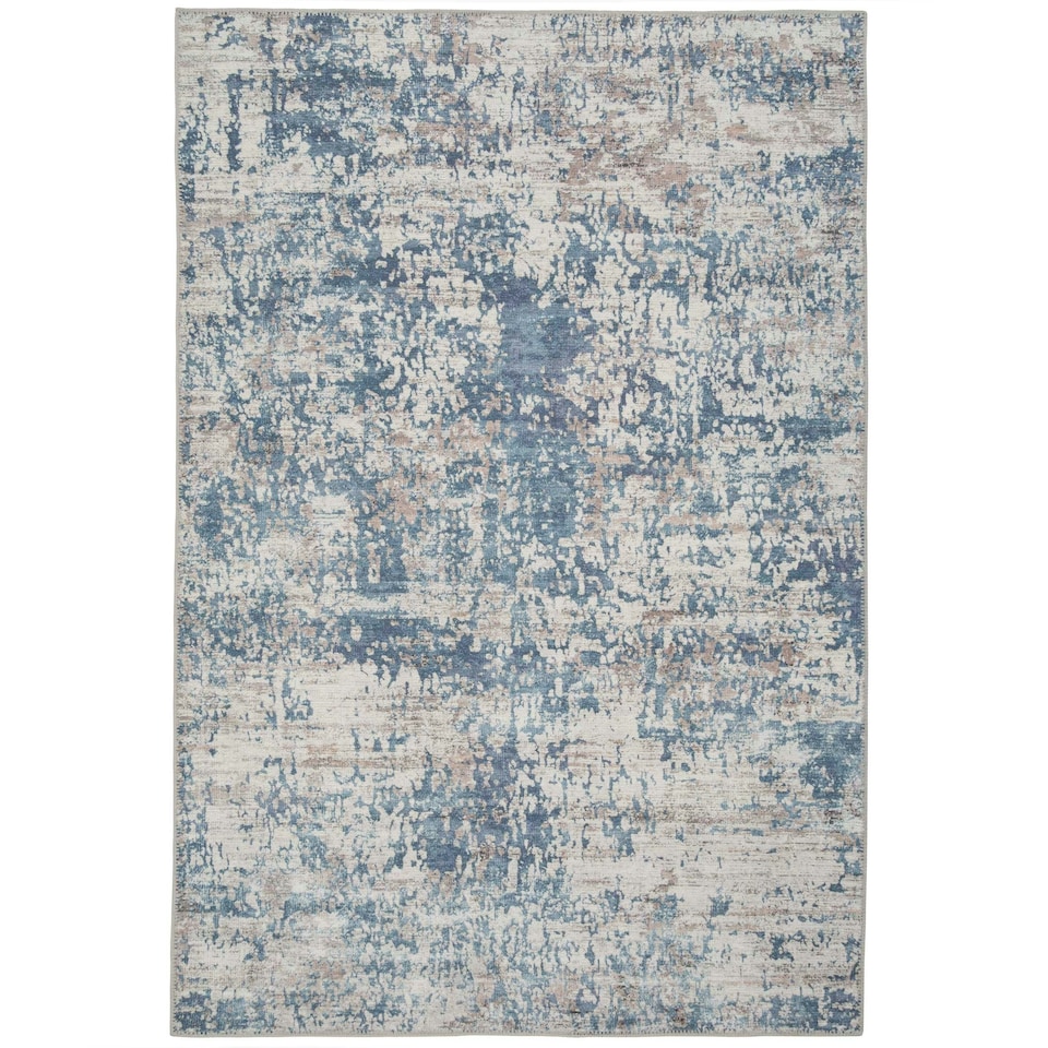 image 1 of KUKOON Blue Grey Distressed Abstract Non Slip Washable Low Pile Rug 60cm x 110cm Blue