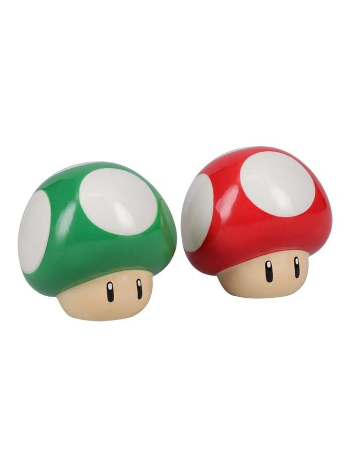 image 1 of Super Mario Mushroom Salt and Pepper Set,Red and Green Ceramic Shakers for Kitchen Decor,Official Nintendo Gift,Paladone