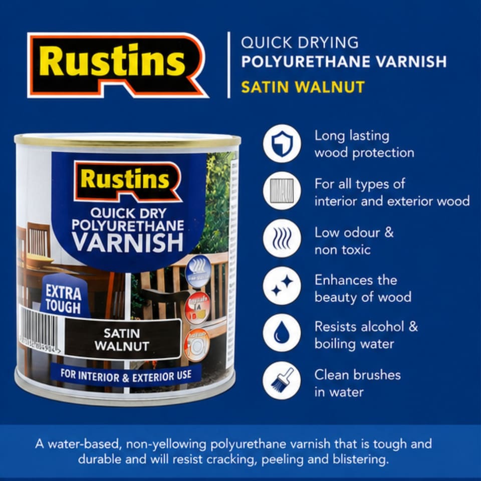 image 1 of Rustins Quick Drying Polyurethane Varnish Satin Walnut 250ml | Clear | Walnut | 250ml | 1