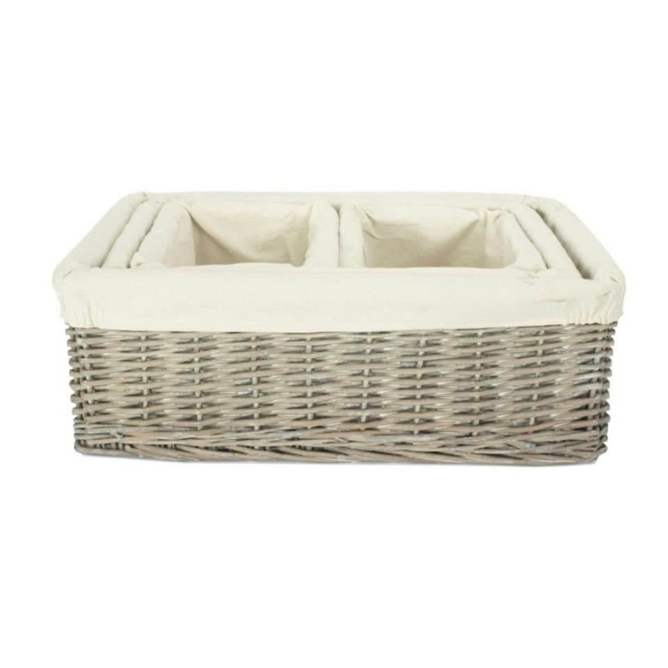 image 1 of Set of 4 Wicker Grey Wash Lined Storage Tray Brown
