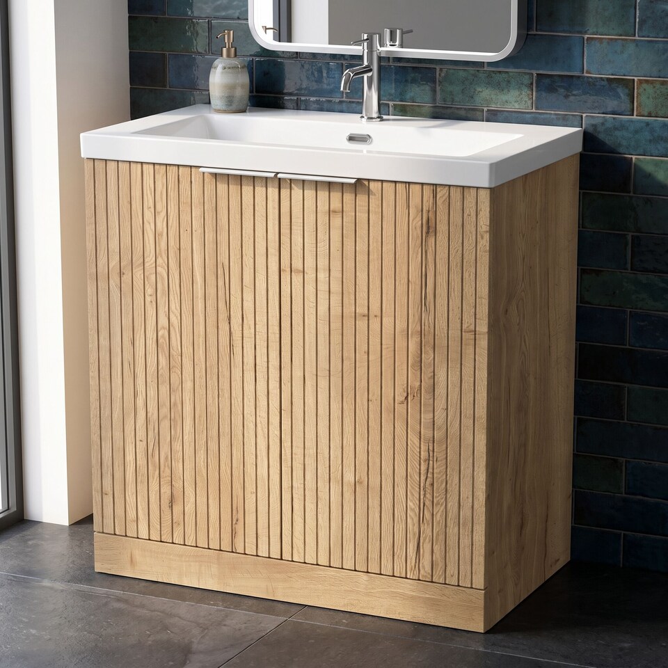 image 1 of Balterley Callingwood Contemporary Floor Standing 2 Door Vanity Unit with 1 Tap Hole Fireclay Basin , 800mm, Autumn Oak