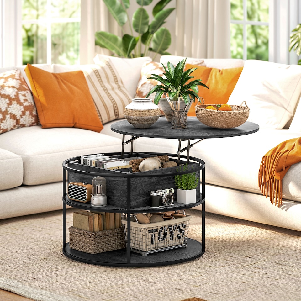 image 1 of HOMCOM Lift Top Coffee Table, Round Coffee Table with Storage Shelf, Hidden Compartment and Steel Frame for Living Room, Home Office, Charcoal Grey | Grey | Charcoal grey | 1
