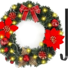 Christmas Wreath with 30 LED Lights & Hanger - Artificial Pre-Lit Door Wreath for Front Door, Window, Fireplace & Holiday Home Decor
