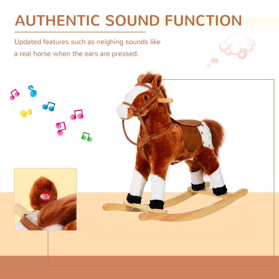 image 1 of HOMCOM Rocking Horse Toy Plush Wood Pony Riding Rocker Neigh Sound Brown