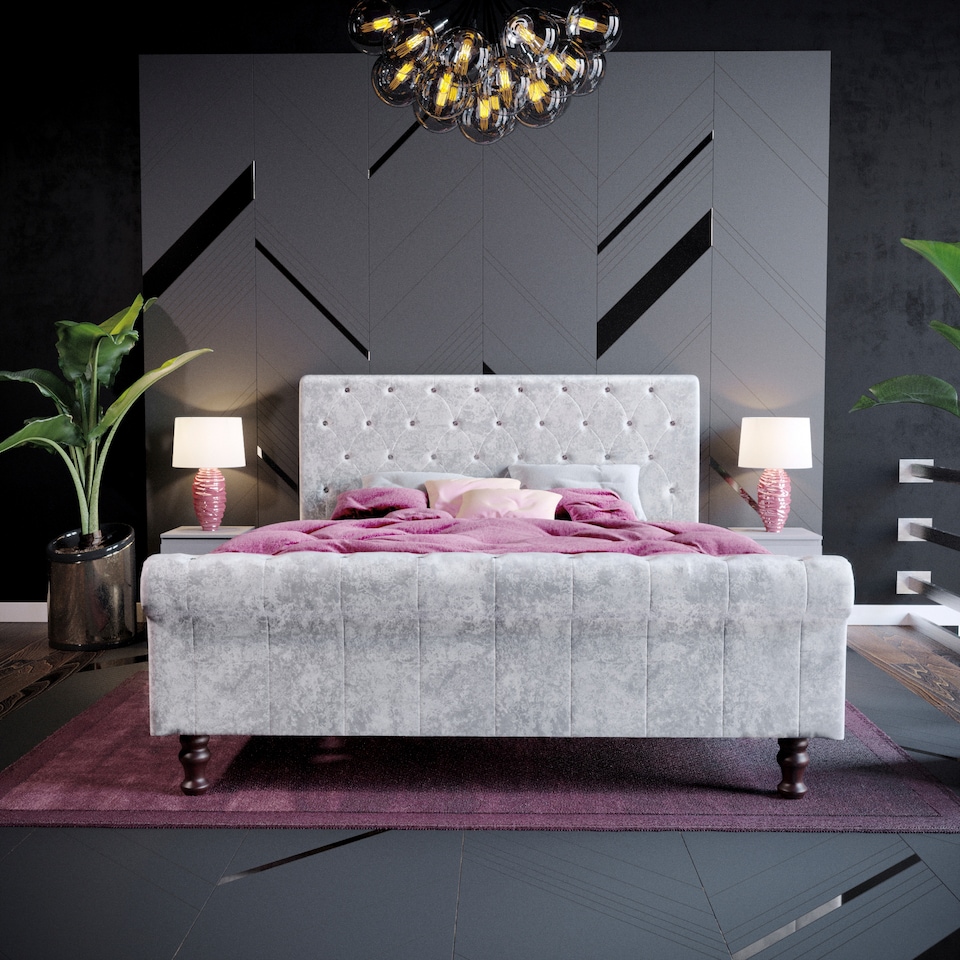 image 1 of Vida Designs Violetta 5ft King Size Bed Fabric Upholstered, Crushed Velvet Silver, 150 x 200cm