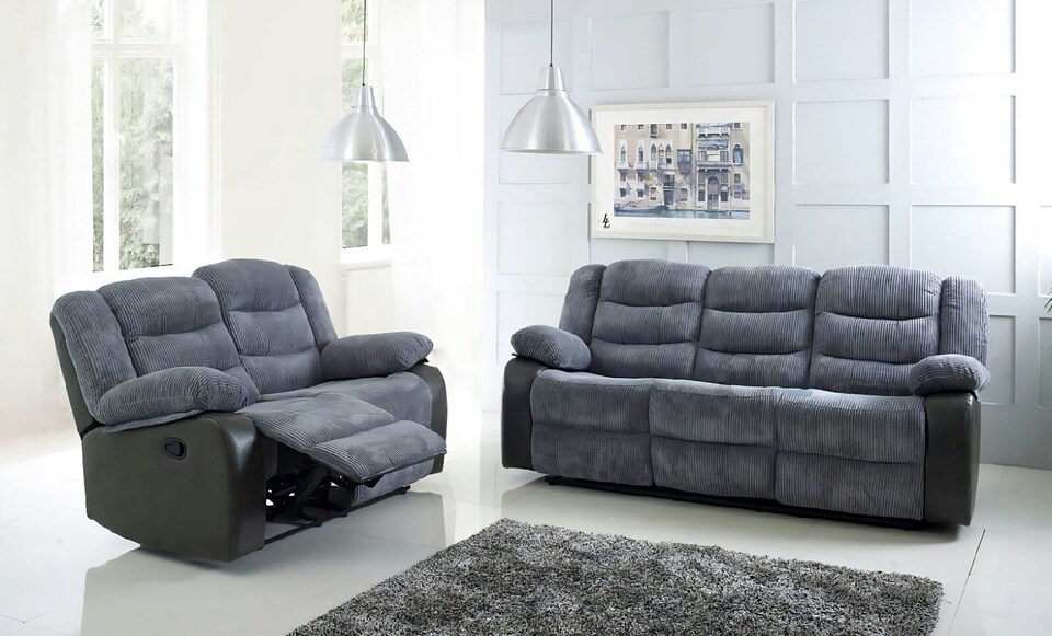 image 1 of Roma Recliner Jumbo Cord 3 Plus 2 Seater Sofa Set, Armchair Inspired Home Theatre and Living Room Seating Black Leather Trim | Black | Grey Jumbo cord & Black leather trim | 2
