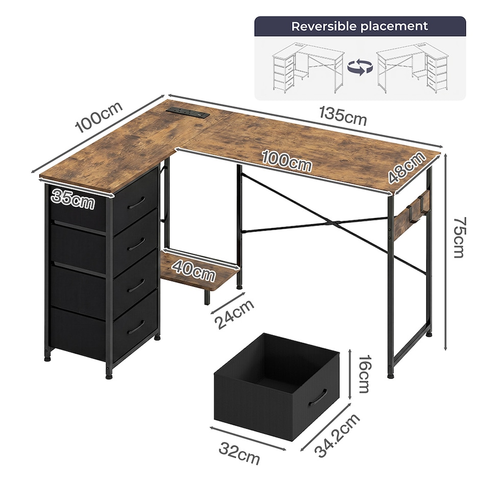 image 1 of Levede Reversible L-shaped Corner Desk 4 Drawers for Office or Gaming