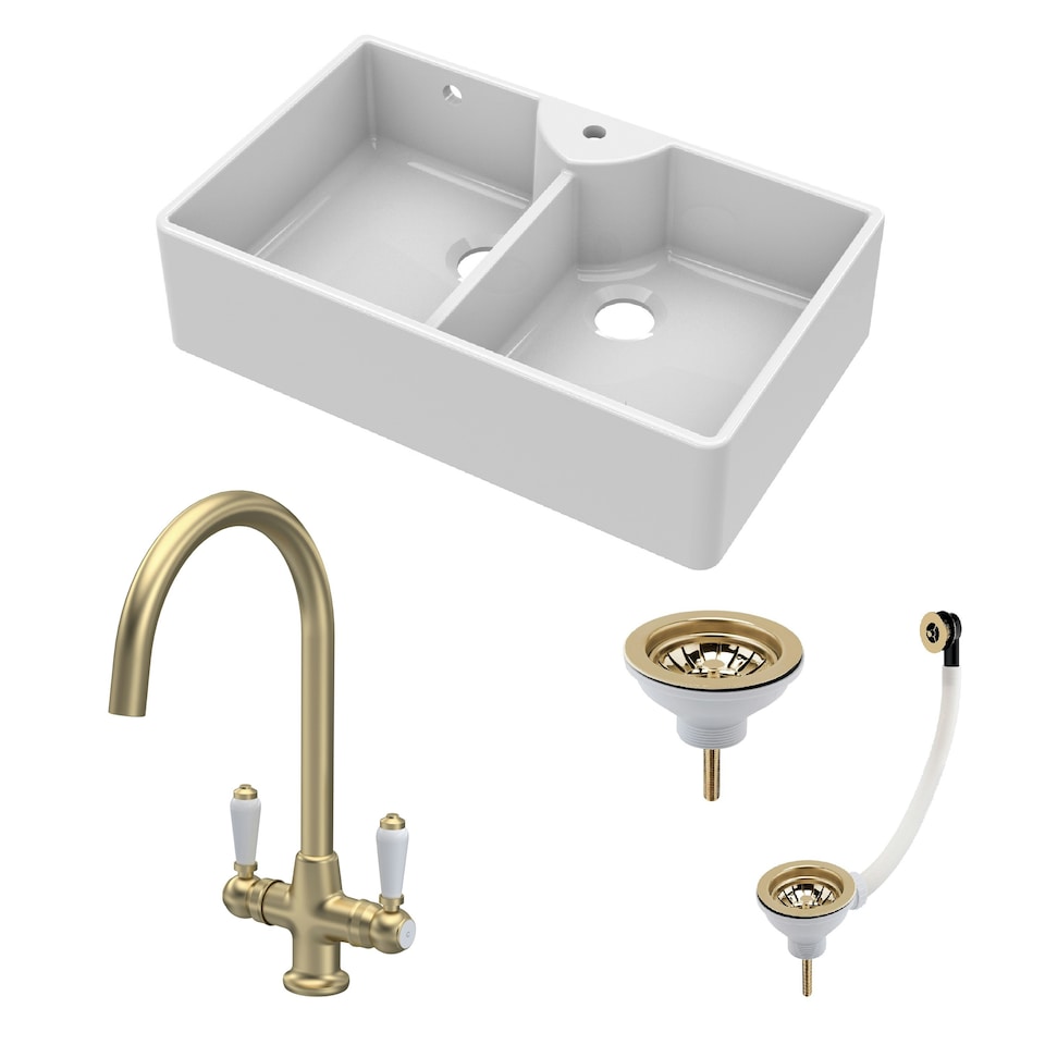 image 1 of Fireclay Kitchen Bundle - Double Bowl 1 Tap Hole Butler Sink & Tap Hole, Wastes & Mono Tap, 895mm - Brushed Brass - Balterley