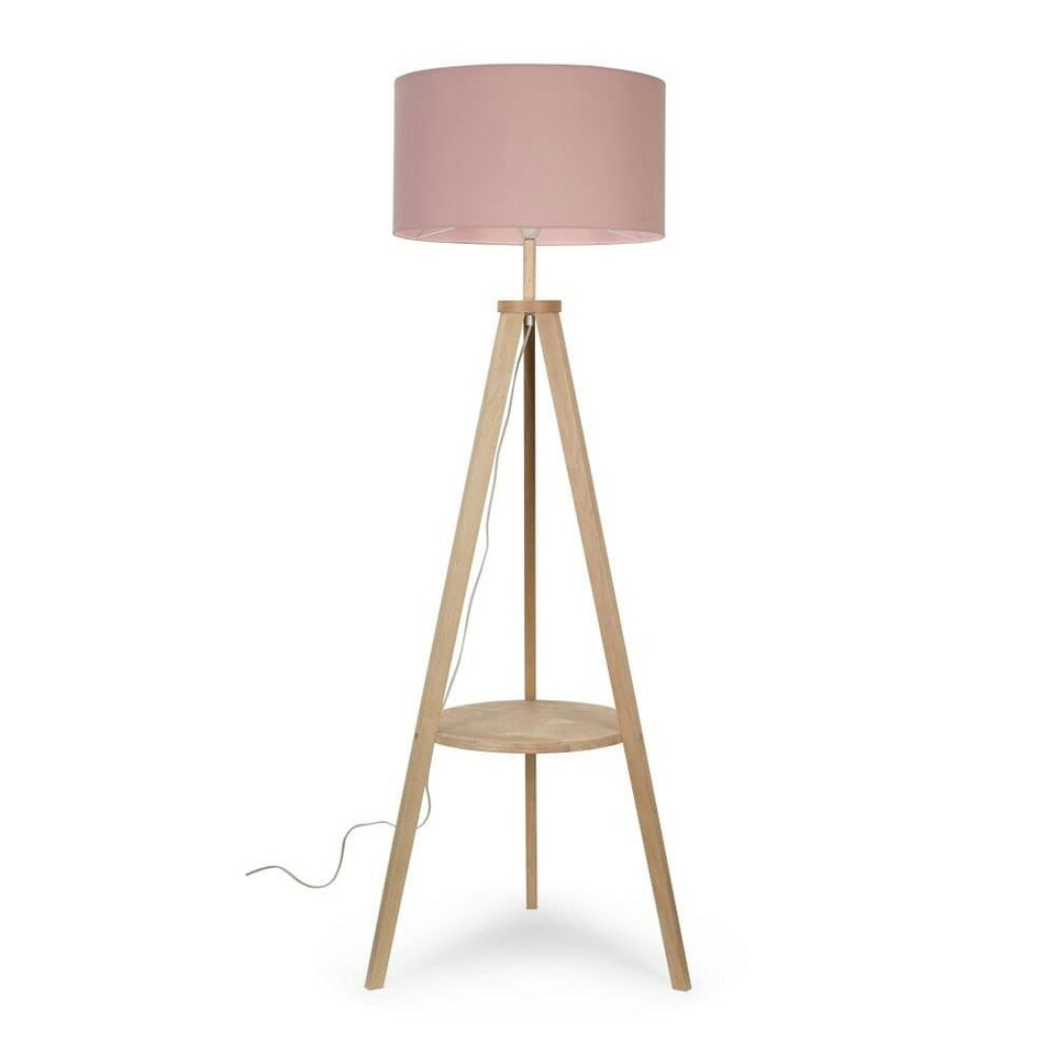 image 1 of ValueLights Morrigan Blush Shade Wooden Tripod Floor Lamp & Bulb Pink