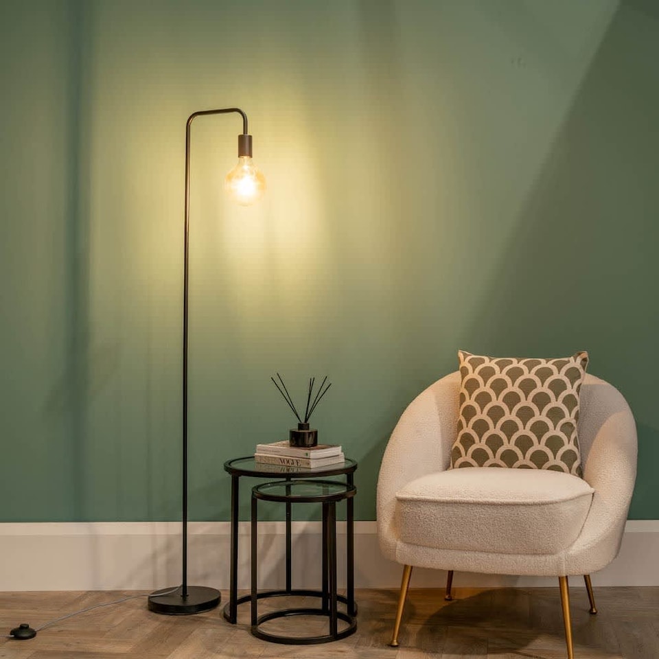 image 1 of ValueLights Bronx Industrial Style Black Metal Curved Stem Floor Lamp - Bulb Included | Black