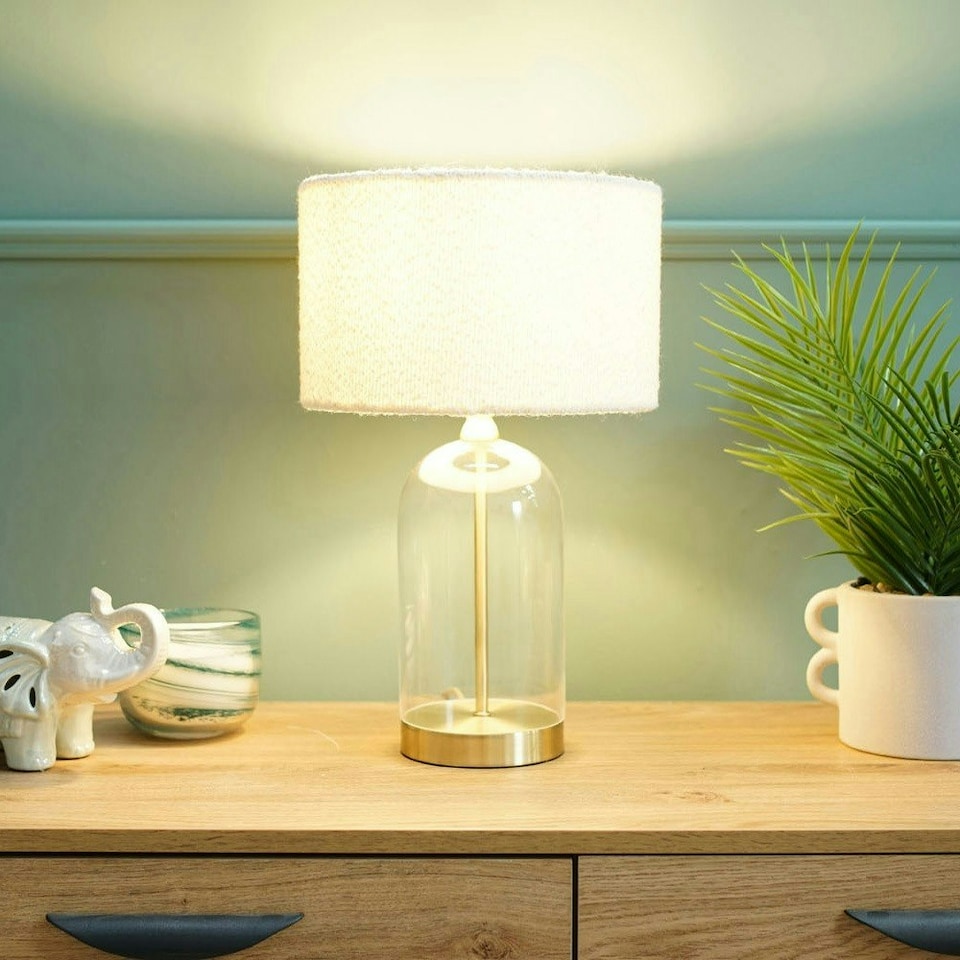 image 1 of ValueLights Jessy Glass and Gold Metal Bedside Table Lamp with a Cream Boucle Lampshade - Bulb Included Cream