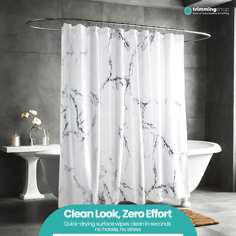 image 1 of Grey & White Marble Polyester Shower Curtain with 12 Hooks - 180x180cm