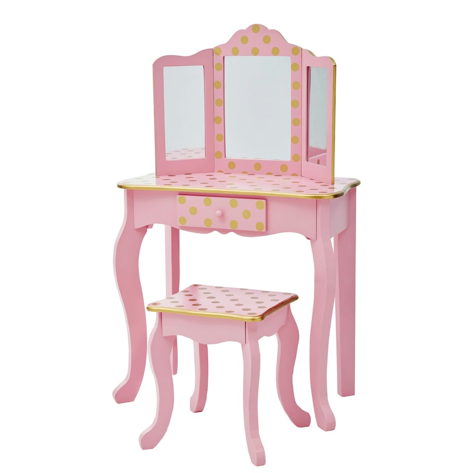 image 1 of Teamson Kids Gisele Polka Dot Vanity with Mirror & Stool, Pink/Rose Gold