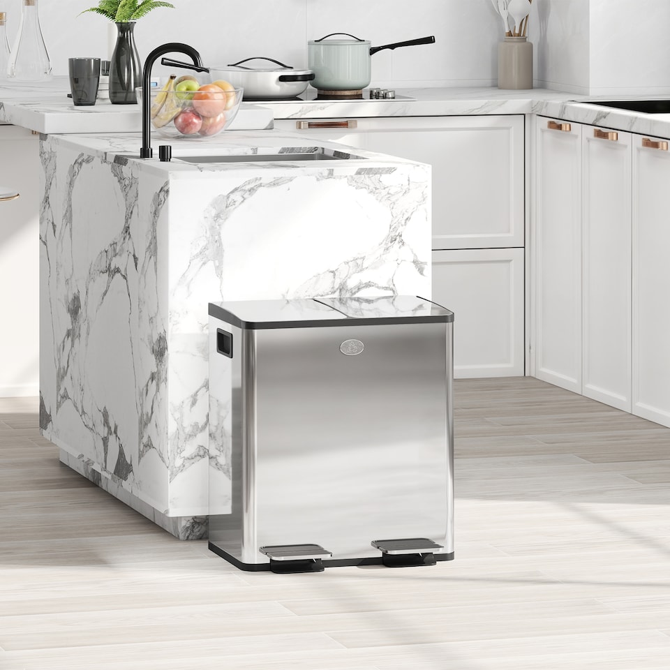 image 1 of HOMCOM Dual Kitchen Bin, 2 x 20L Stainless Steel Double Rubbish Bin with Soft Close Lid, Removable Inner Buckets, Rubbish Bags, Fingerprint-Proof for Recycling and Waste, Silver Tone