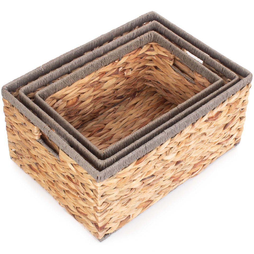 image 1 of Set of 3 Water Hyacinth With Grey Rope Border Rectangular Storage Basket | Brown | Brown | Not provided