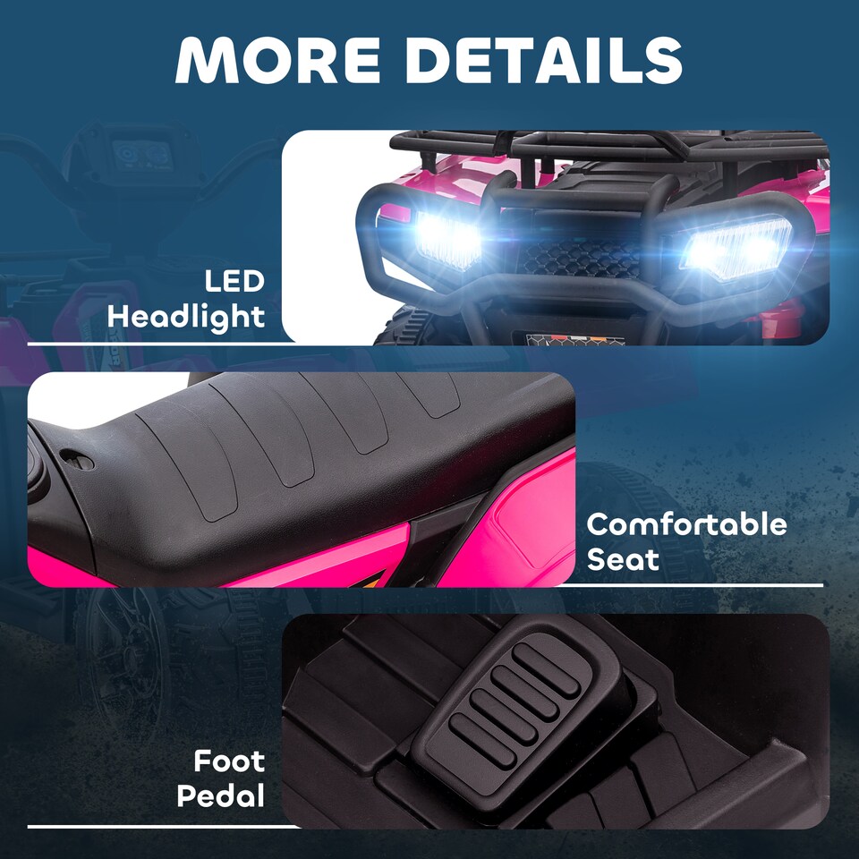 image 1 of HOMCOM 12V Electric Car for Kids, Battery Powered Quad Bike, Ride-On ATV Car with Forward, Reverse Functions, Music, LED Lights, for Ages 3-5 Years - Pink