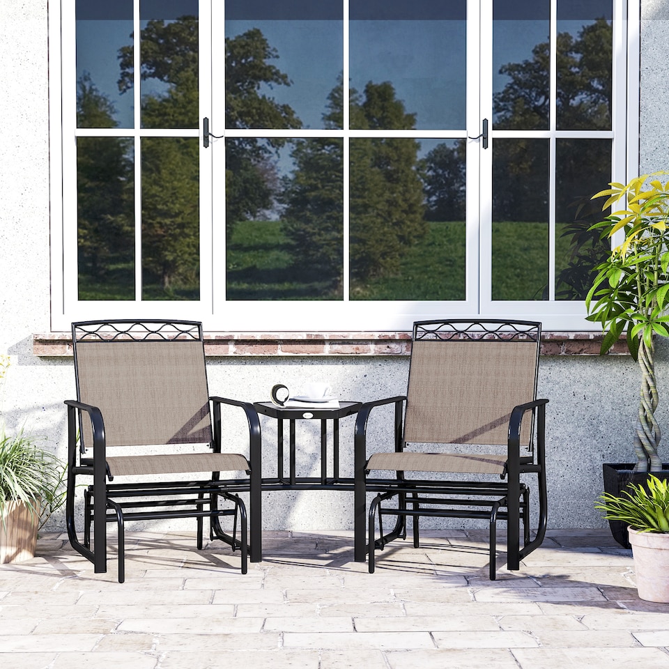 image 1 of Outsunny Double Outdoor Glider Chair, 2 Seater Patio Rocking Chairs, Swing Bench with Tempered Glass Table, Breathable Mesh Fabric for Backyard, Garden, Porch, Brown